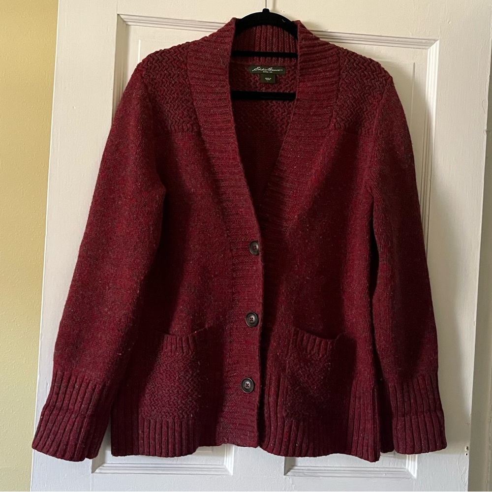 Eddie Bauer Red & Gray Cotton/Wool Blend Knitted Button Down Cardigan, Large